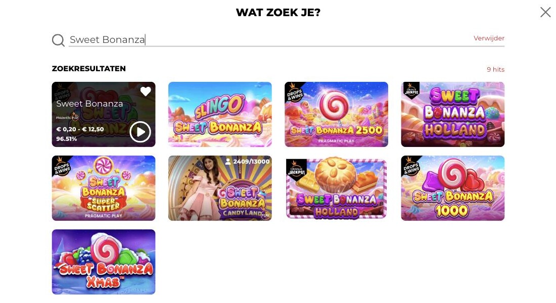 Screenshot 711 Casino: Sweet Bonanza met 96,51% RTP, naast andere Sweet Bonanza-varianten